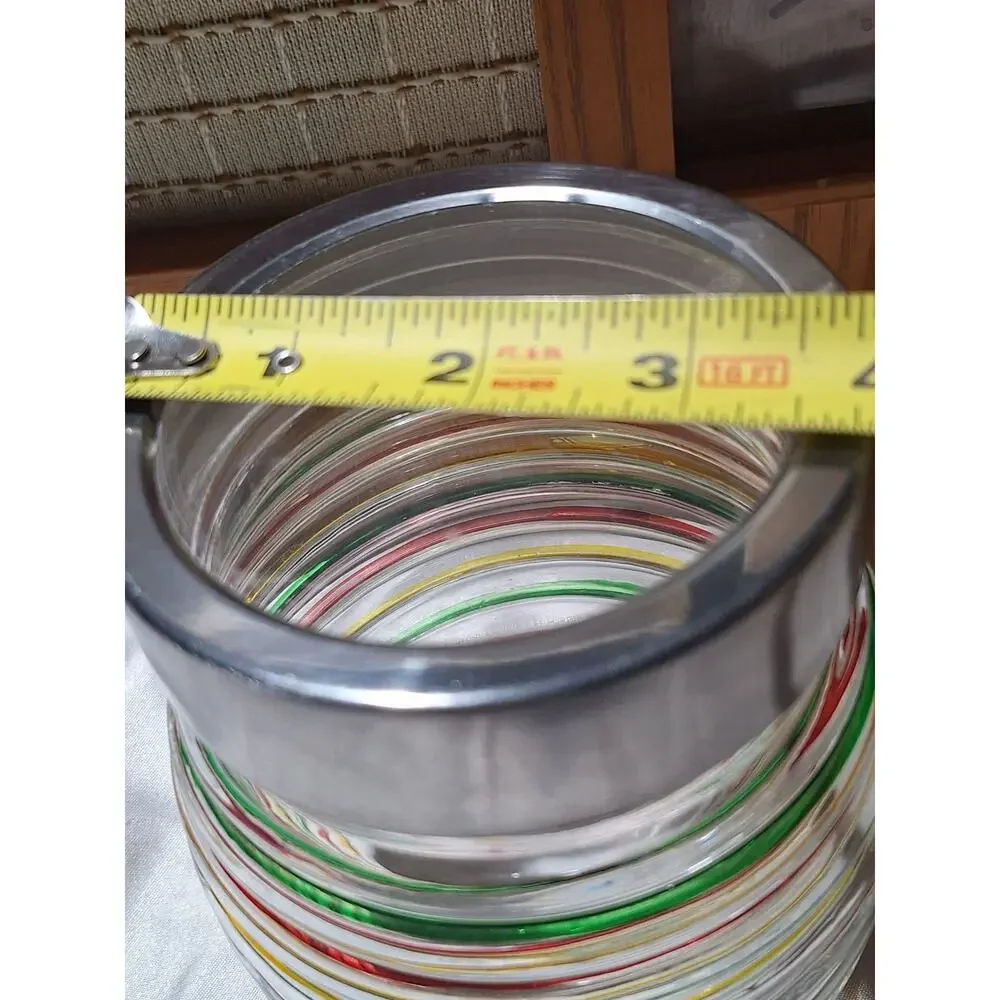 Vintage Ribbed Glass Canister Jar Multicolor Stripes Metal Screw Lid Kitchen